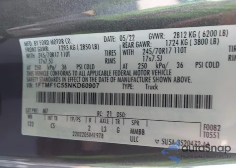 2022 Ford F-150 Xl из США, поврежденный, VIN 1FTMF1C55NKD60907